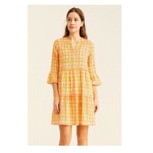 Mucho Gusto Dress Womens Medium Multicolor Gingham Seersucker Tiered Boho Chic